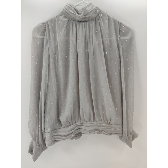 Ann Taylor Women's Silver Metallic Dot Long Sleeve Mock Neck Blouse Sz MP - Picture 1 of 7